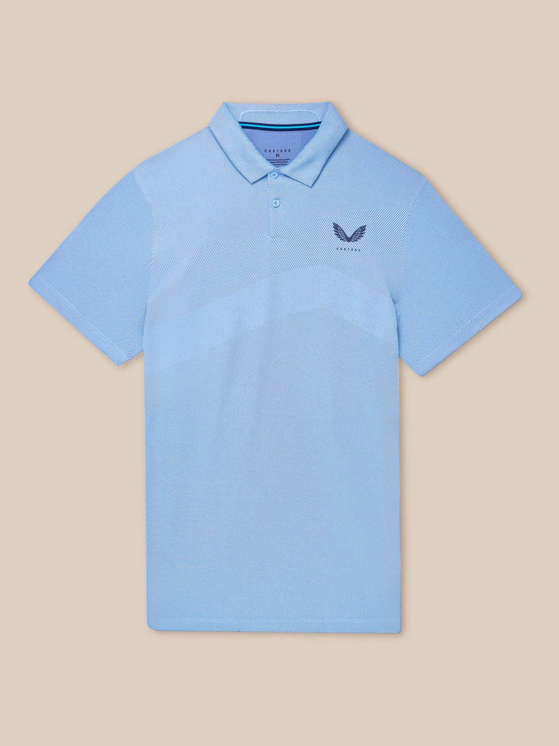 Sky blue Golf Pinnacle Polo with chevron knit panels and Castore logo on the chest