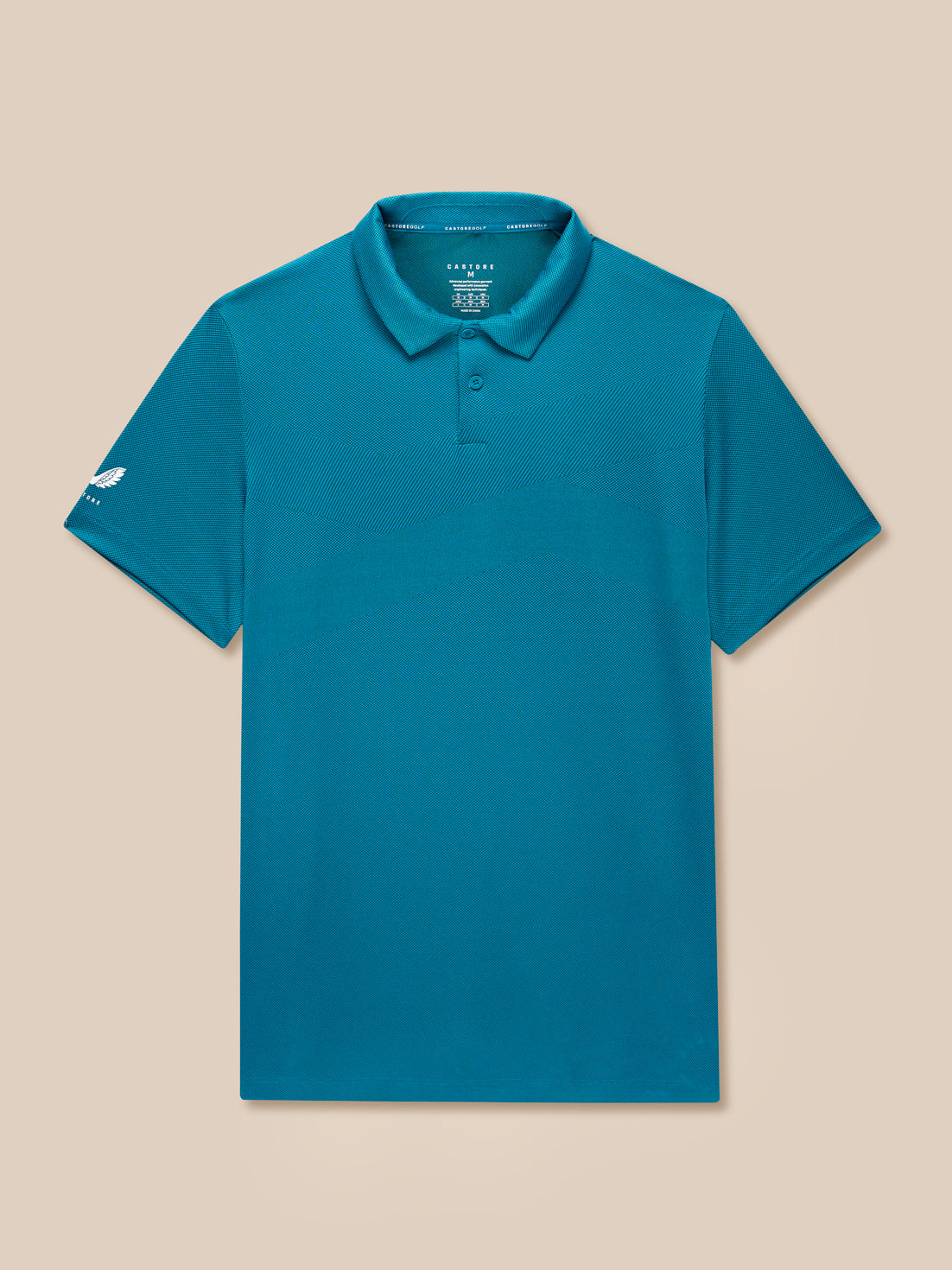 Pinnacle Golf Polo in dark aqua with pointed collar and chevron knit panels