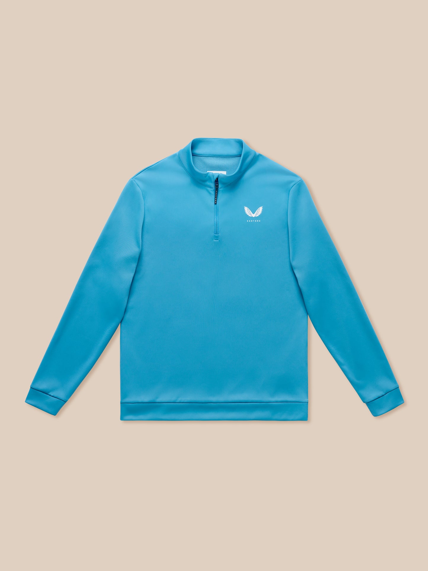 Corn blue golf quarter zip top with stand collar and Castore branding on chest and back.