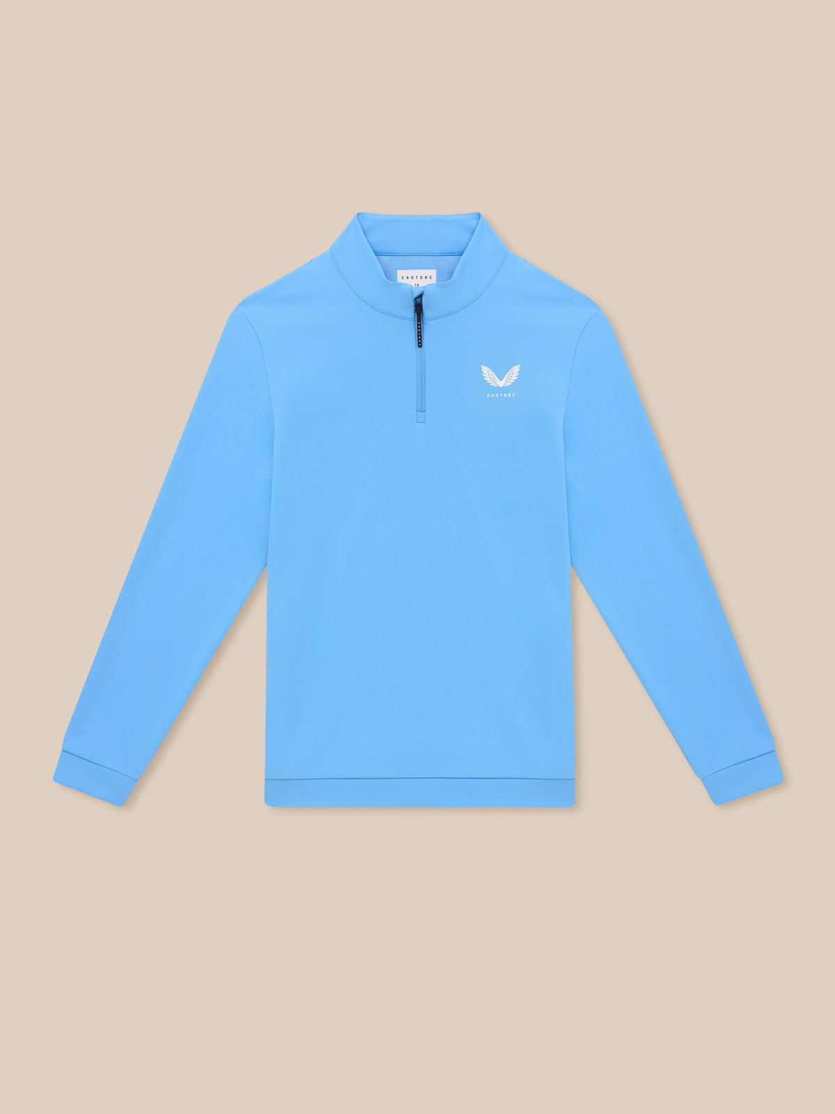 Close up of Golf Club Classic Quarter Zip Top on a model highlighting funnel collar and left chest logo