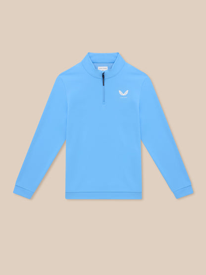 Close up of Golf Club Classic Quarter Zip Top on a model highlighting funnel collar and left chest logo