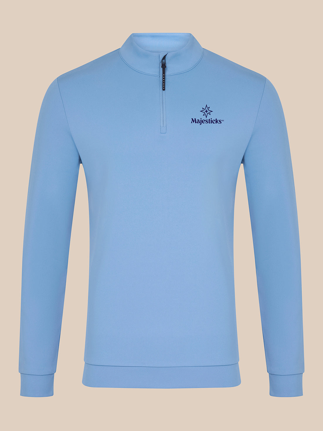 Sky blue Majesticks quarter zip golf top front view with left chest logo