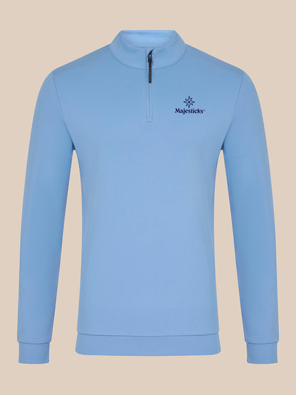 Sky blue Majesticks quarter zip golf top front view with left chest logo