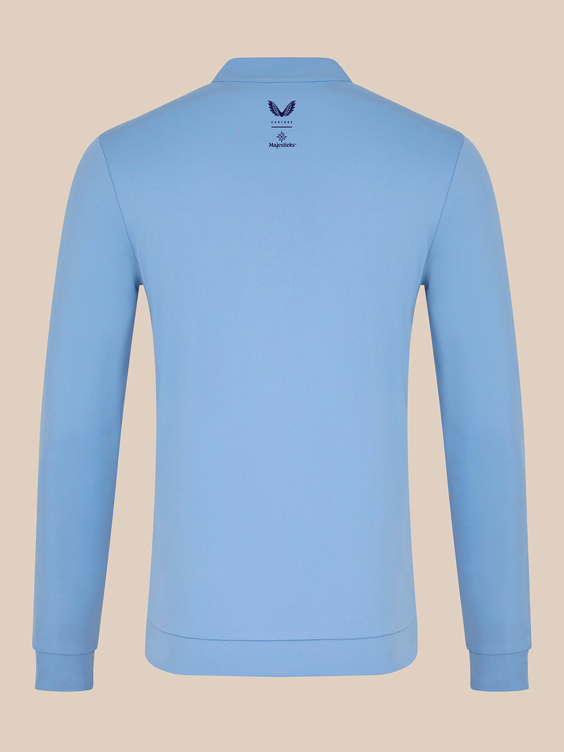 Back view of sky blue Majesticks ¼ Zip Top with Castore and Majesticks logos at the upper back.