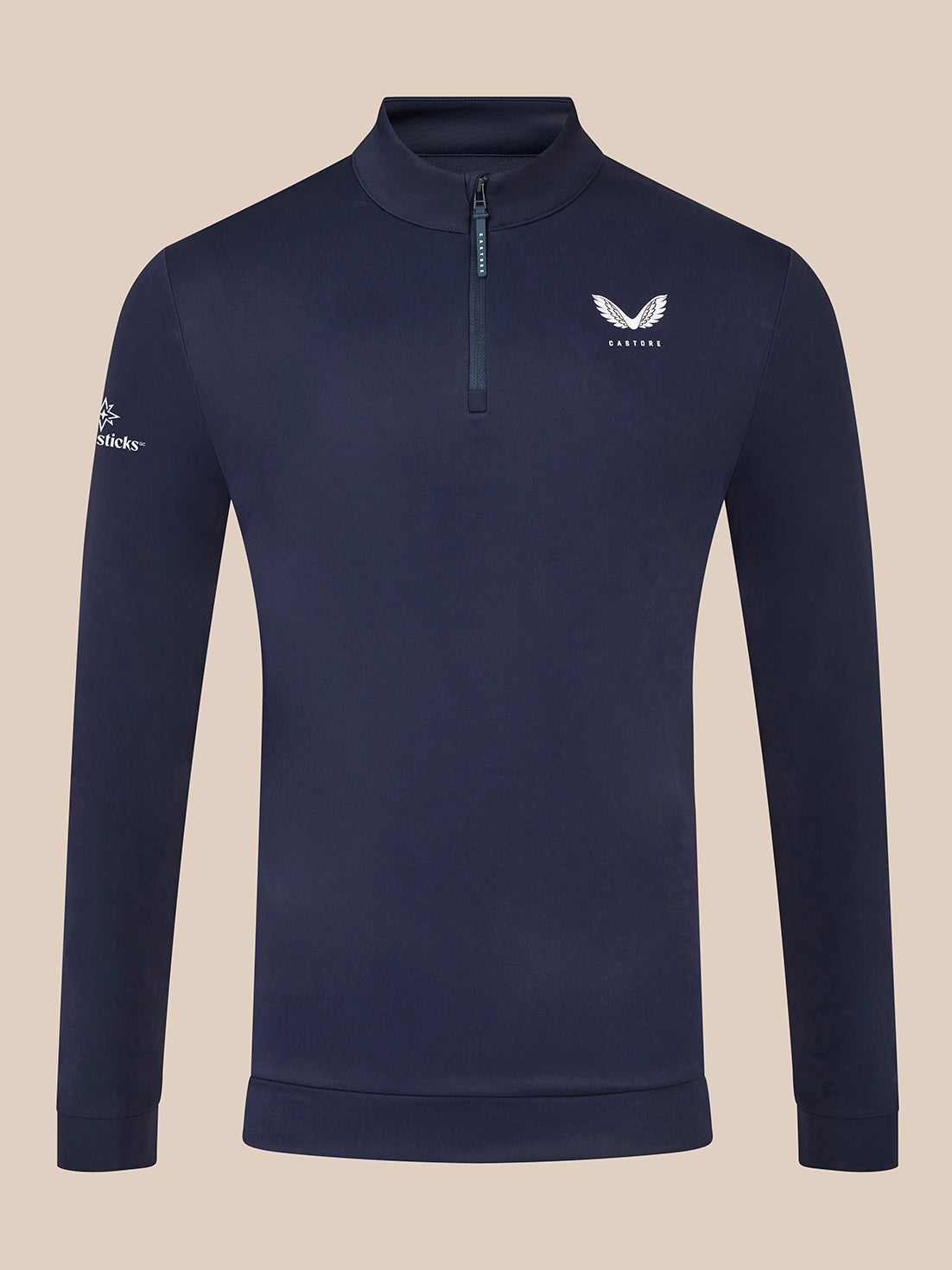 Front view of navy Majesticks quarter-zip top with stand collar and Castore logo on chest
