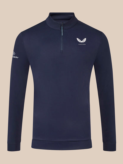 Front view of navy Majesticks quarter-zip top with stand collar and Castore logo on chest