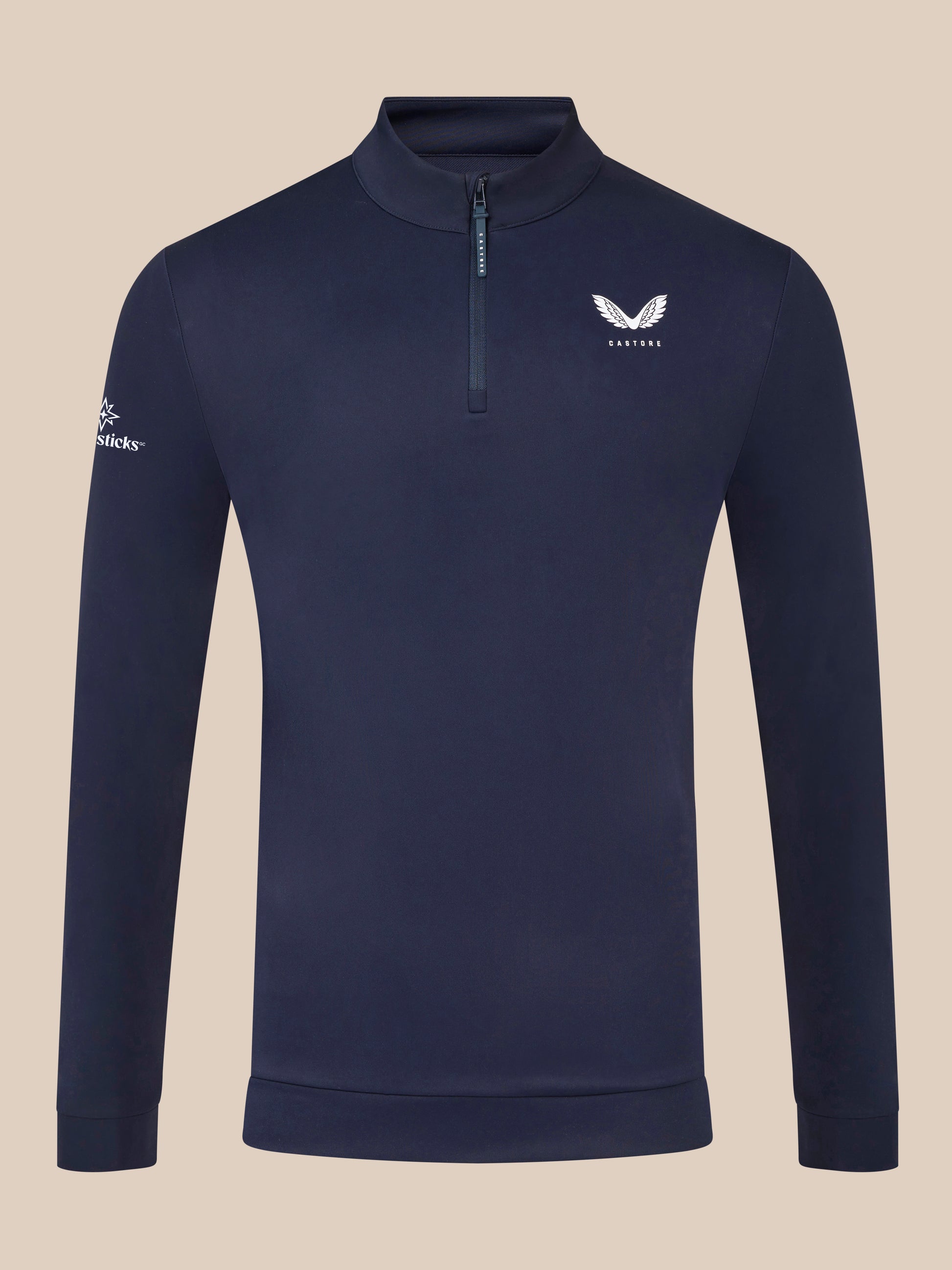 Male model in midnight navy Castore Golf Club Classic quarter zip top showing chest and back logos