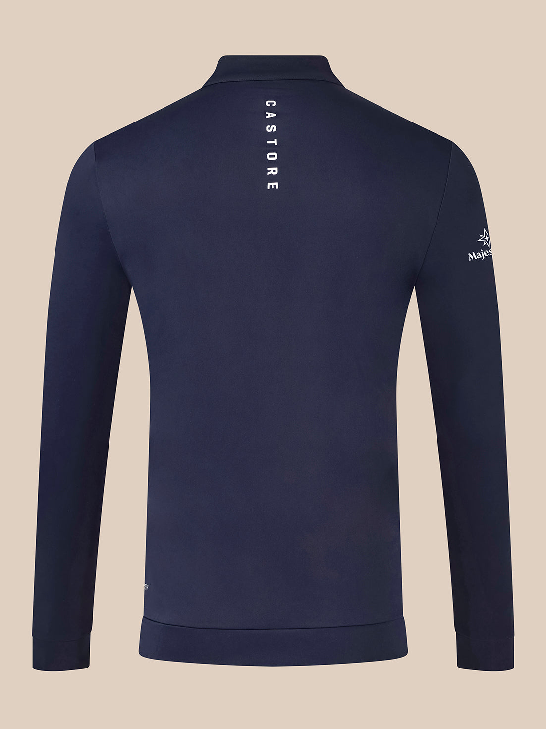 Back view of navy Majesticks quarter zip golf top with vertical CASTORE branding down the spine and a stand collar