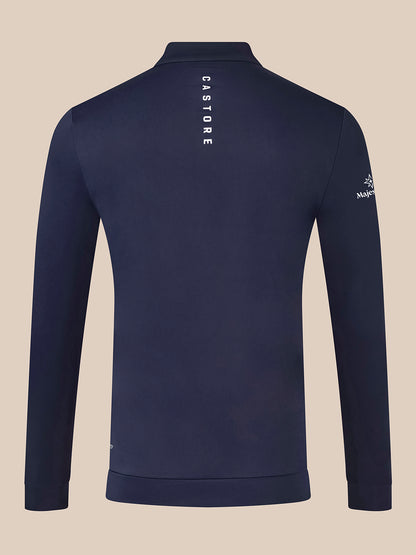 Back view of navy Majesticks quarter zip golf top with vertical CASTORE branding down the spine and a stand collar