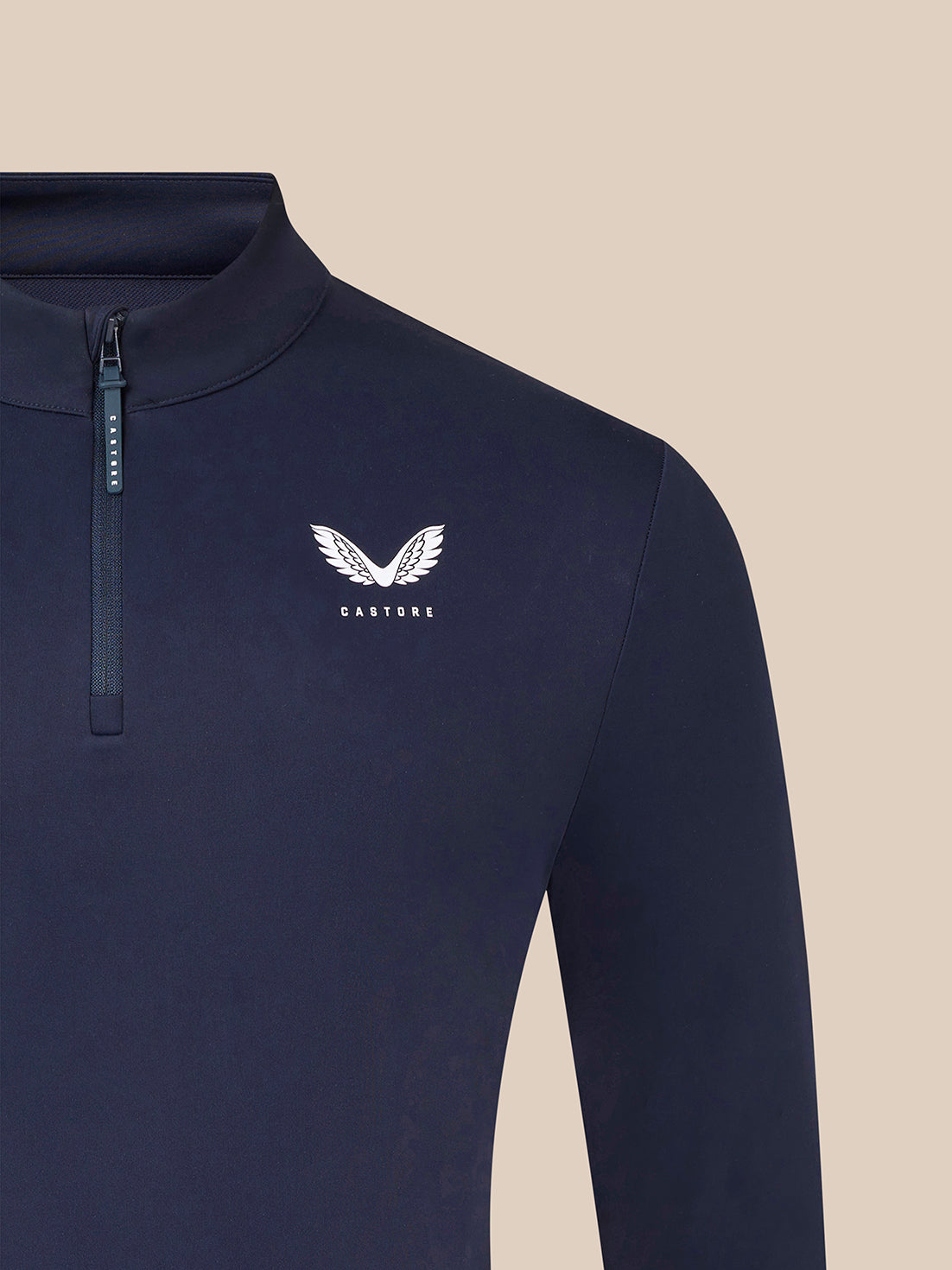 Navy Majesticks quarter zip golf top with stand collar and Castore logo on left chest