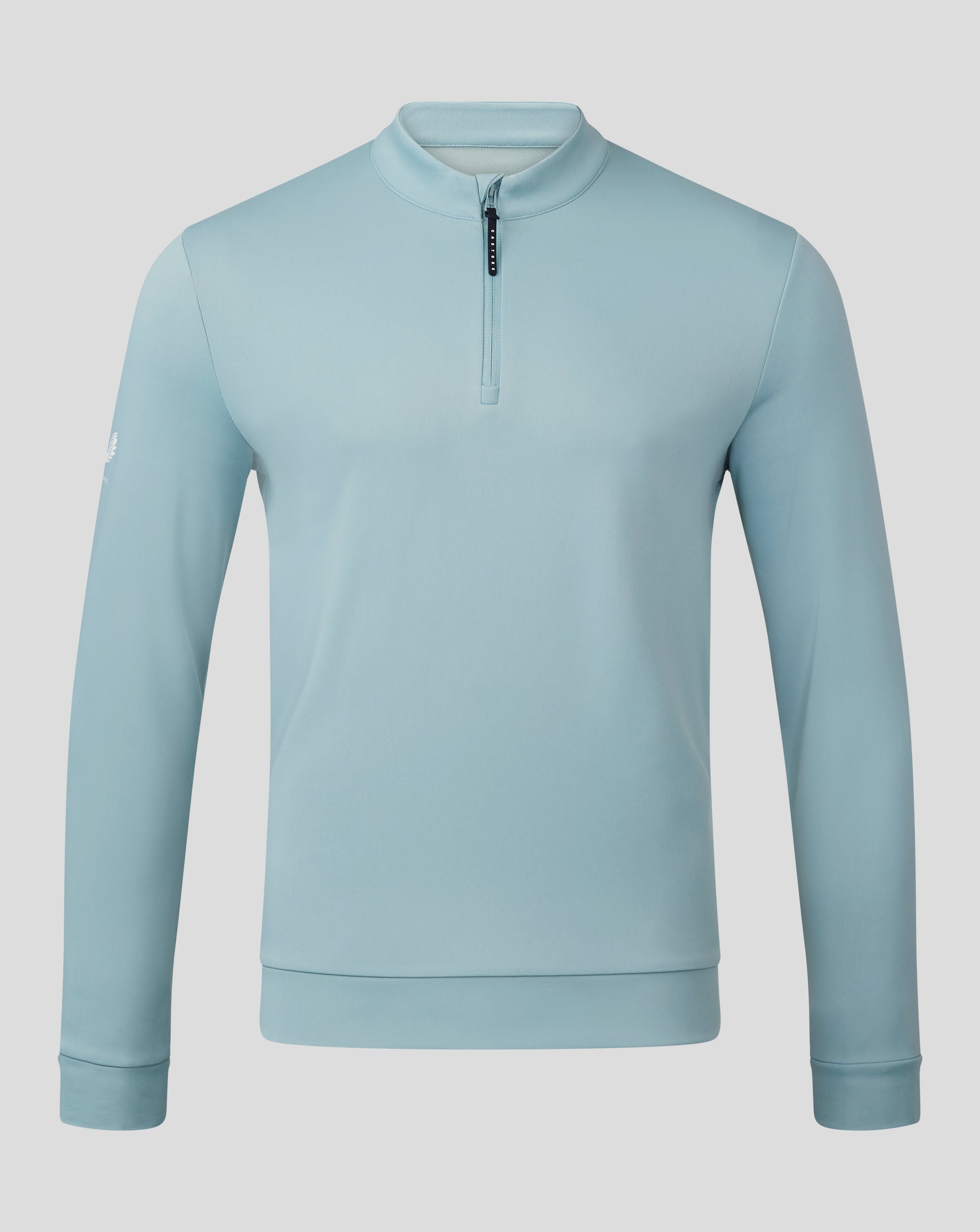 Classic 1/4 Zip in stone blue shown from the chest up with a short zipper and stand collar.