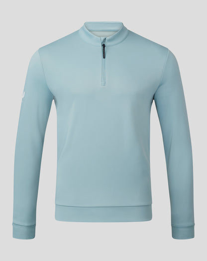 Classic 1/4 Zip in stone blue shown from the chest up with a short zipper and stand collar.