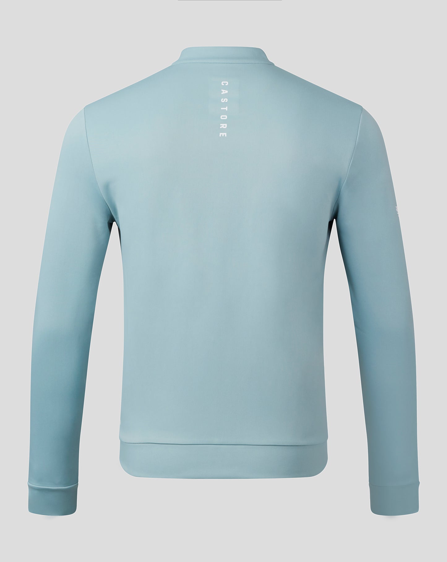 Back view of the Classic 1/4 Zip in stone blue with CASTORE vertical wordmark along the upper back.