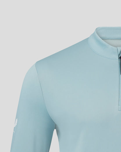 Close up of shoulder and collar on the stone blue Classic 1/4 Zip, zipper at the neck and clean stitching.