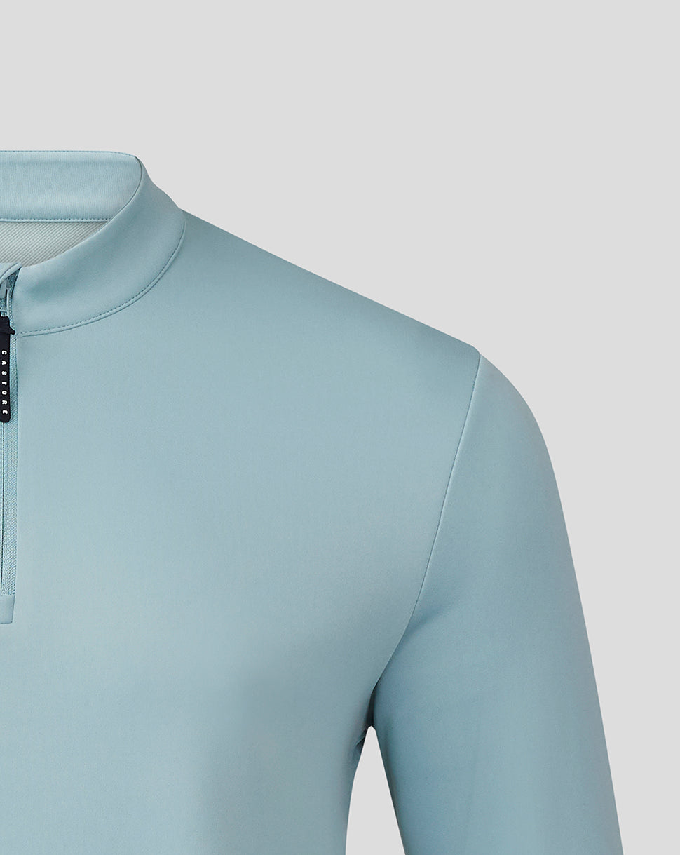 Stone blue Classic 1/4 Zip top close-up focusing on collar and zipper pull