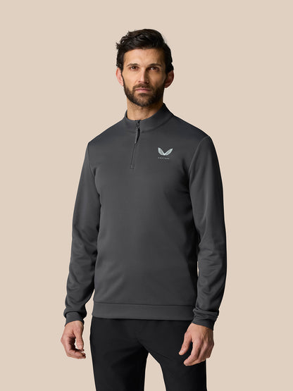 Male model wearing gunmetal Golf Club Classic 1/4 Zip Top with stand collar and front zip.