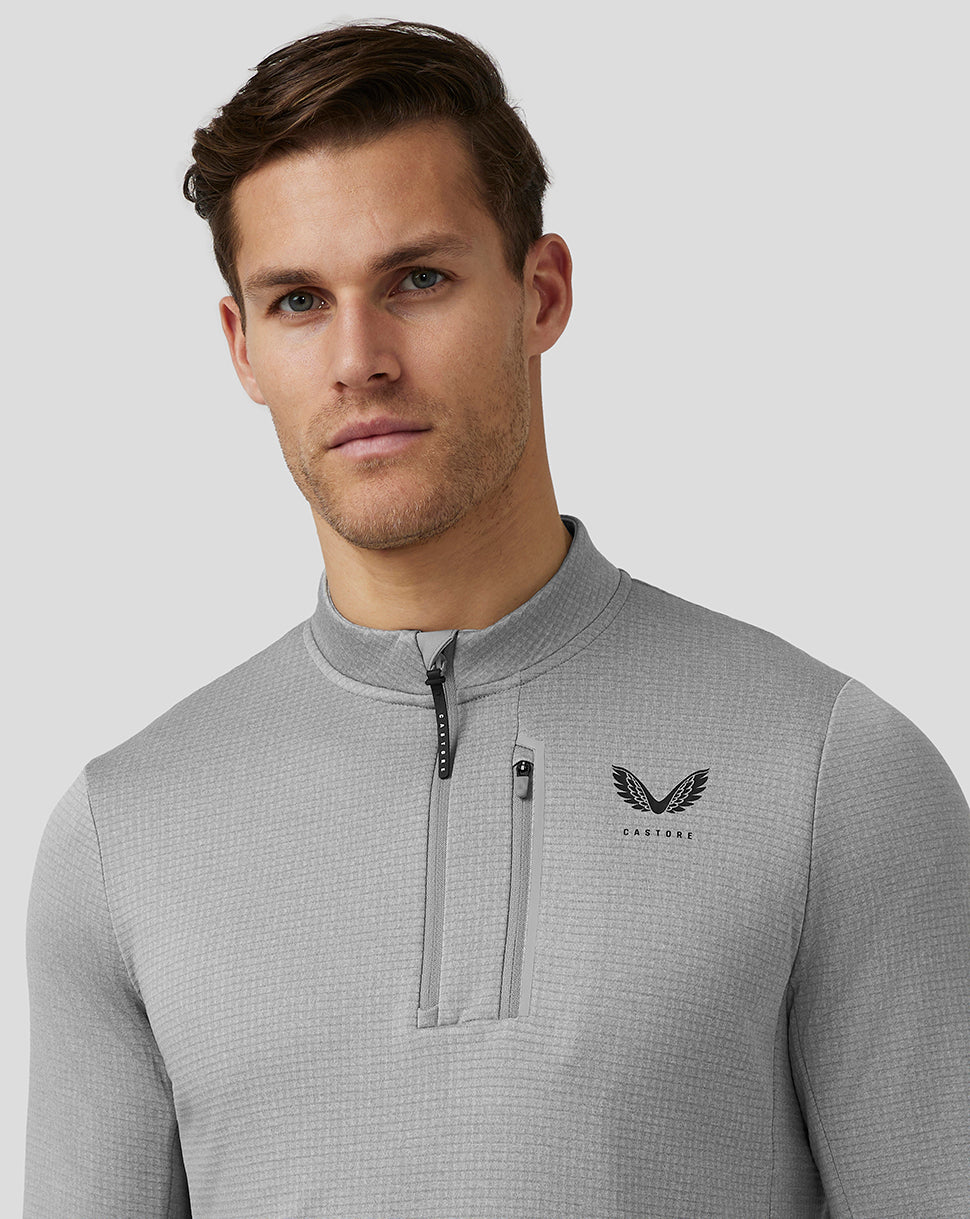 Front view of men's Pinnacle Tech Half Zip Top in steel grey with stand collar and zip chest pocket