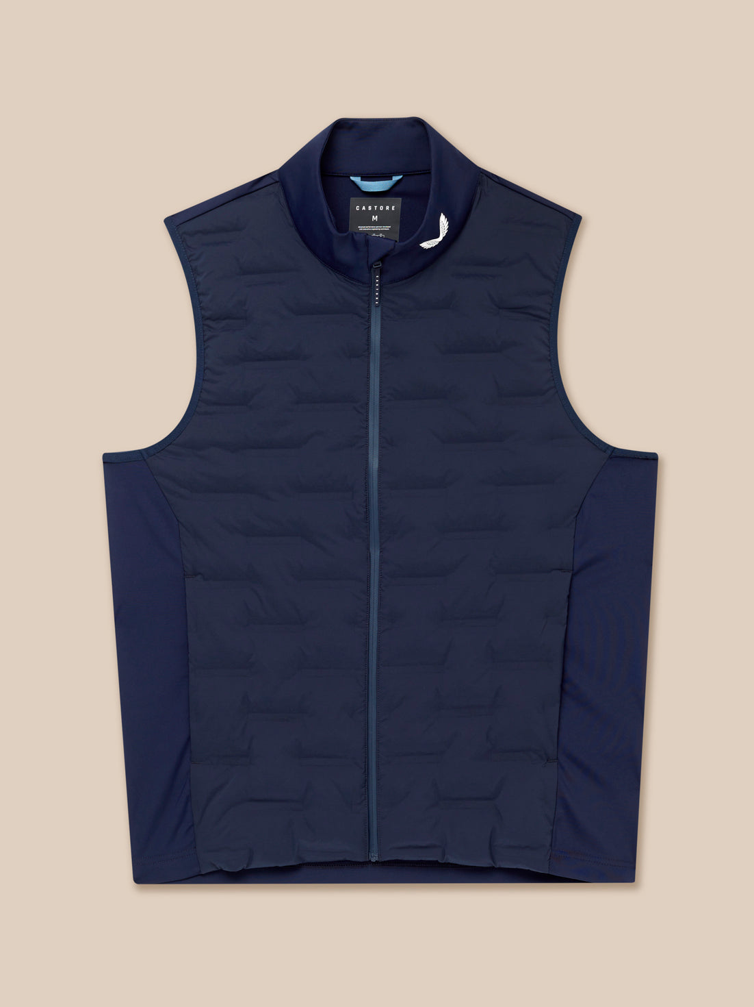Flat lay of navy Pinnacle Gilet with full front zip and stand collar Castore logo on the collar.