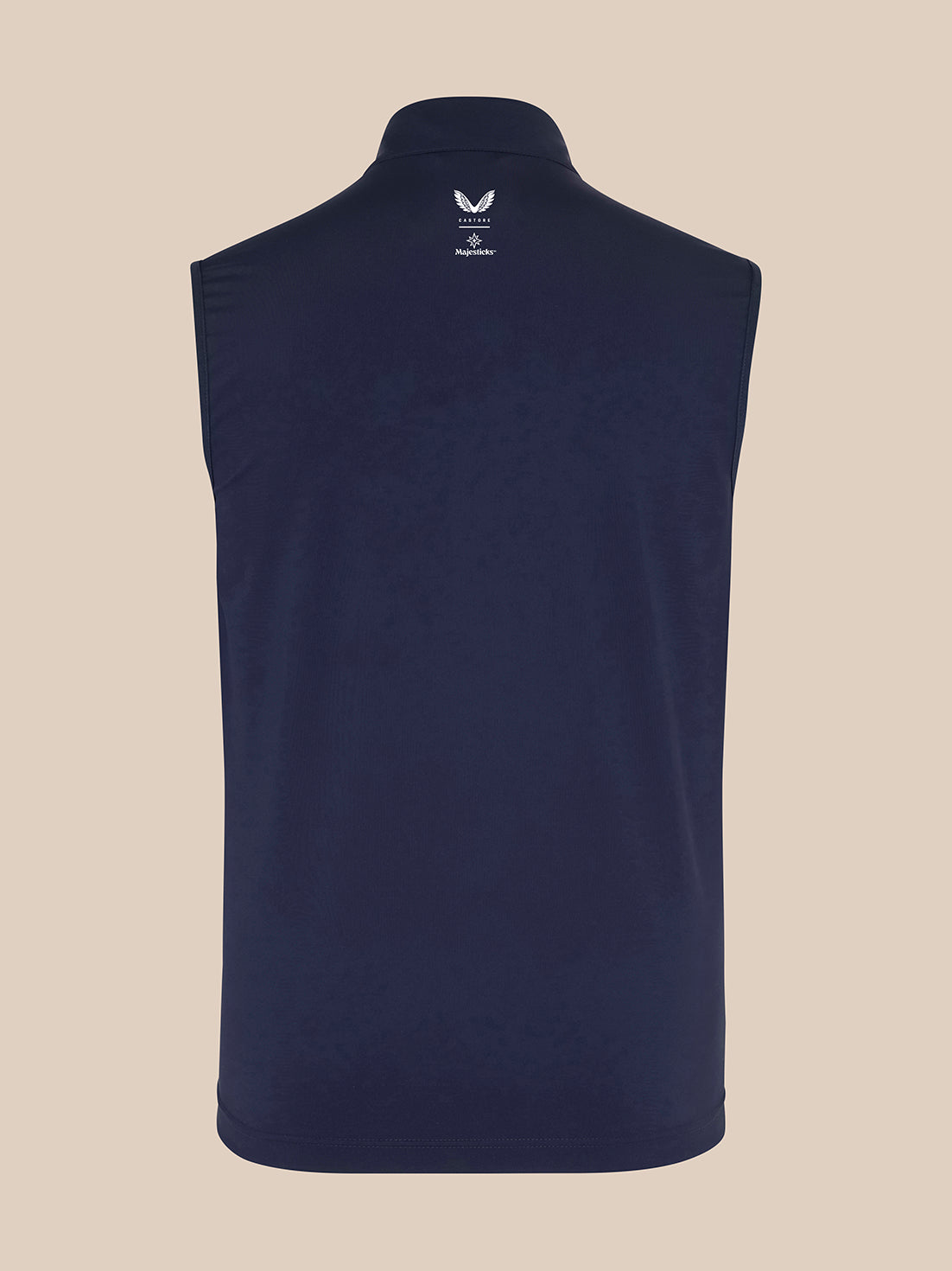 Back view of navy Majesticks Hybrid Gilet with sleeveless silhouette and Castore branding at collar