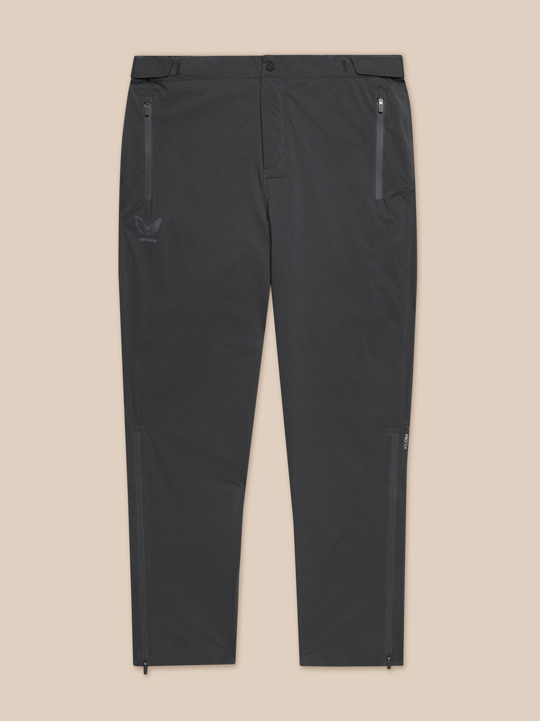 Men's Golf Lightweight Waterproof Over Trousers in gunmetal front view with zip pockets and leg zips