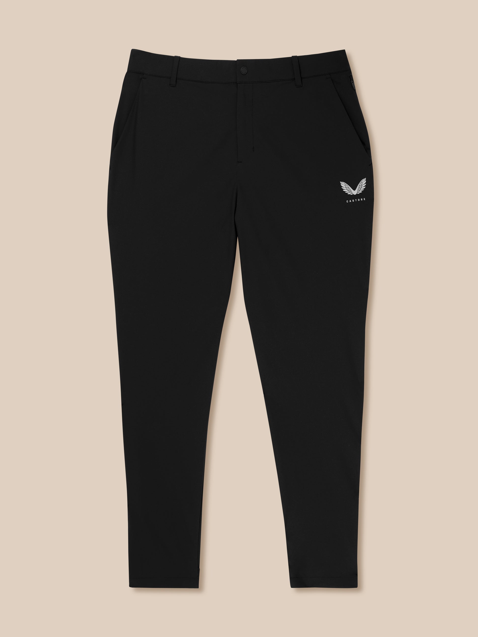 Full-length view of black Golf Pinnacle Trousers 32in leg showing Castore logo on the right thigh