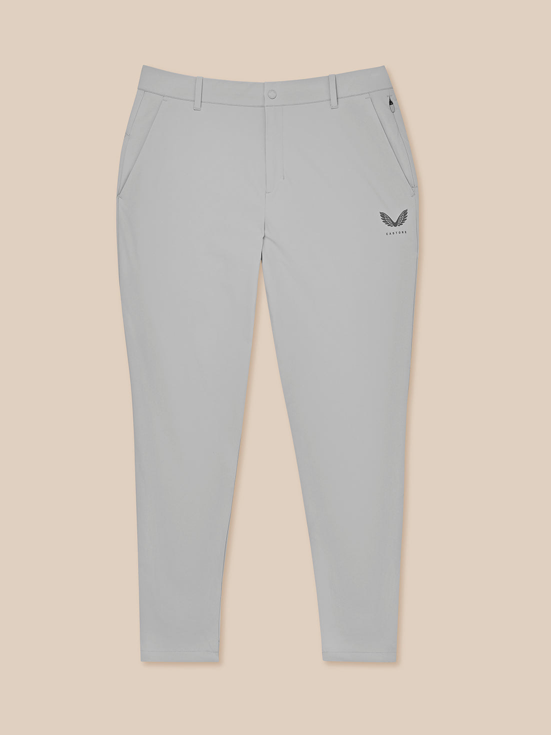 Light grey Golf Pinnacle Trousers with belt loops and front pockets Castore logo on the thigh