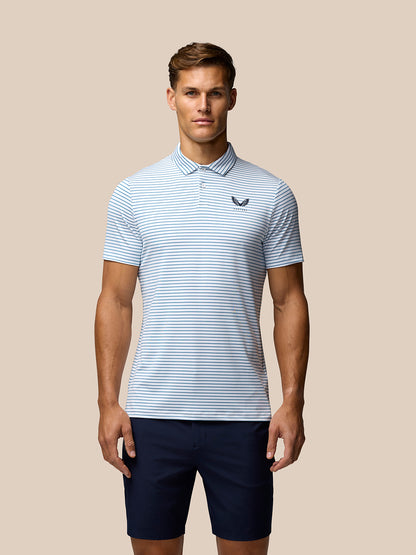 Model wearing white and blue striped Club Golf Polo seen from behind with Castore branding on upper back and Aertek branding on lower back