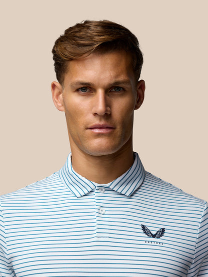 Close-up of the Club Golf Stripe Polo showing Castore logo on the left chest and Aertek branding at the lower back.