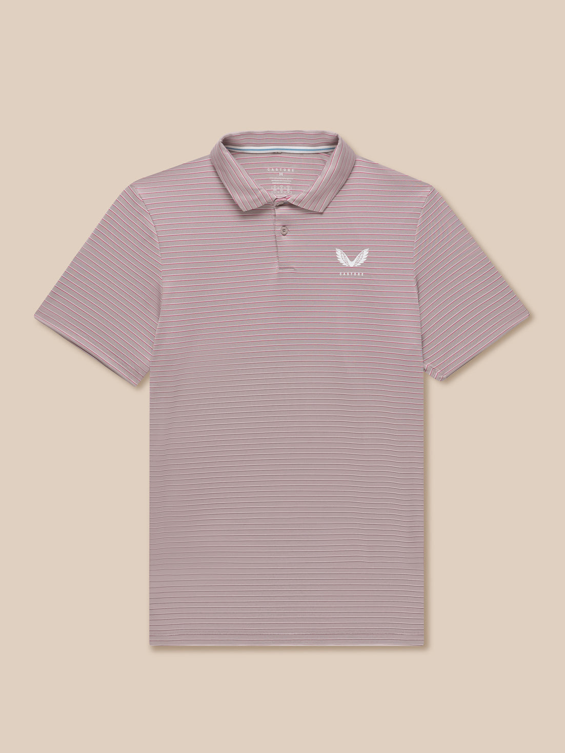 Pink yarn-dye striped golf polo with short sleeves and a two-button placket featuring Castore logo on the left chest