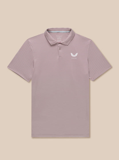 Pink yarn-dye striped golf polo with short sleeves and a two-button placket featuring Castore logo on the left chest