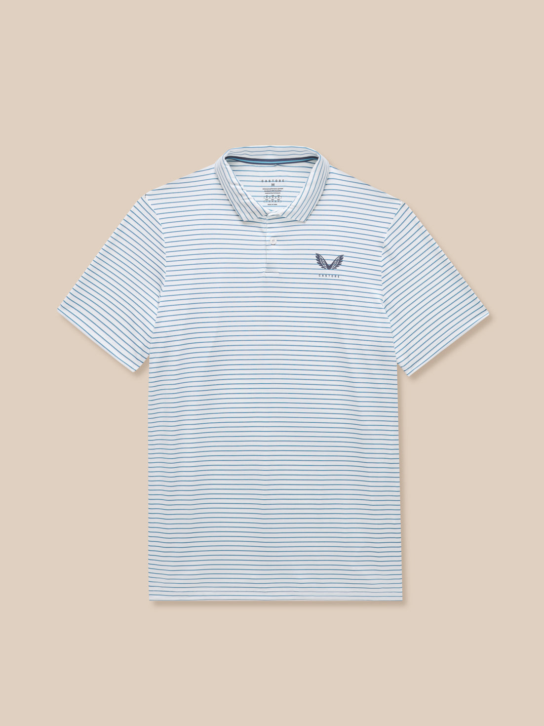 Close up of white yarn dye stripe polo with Castore logo on left chest