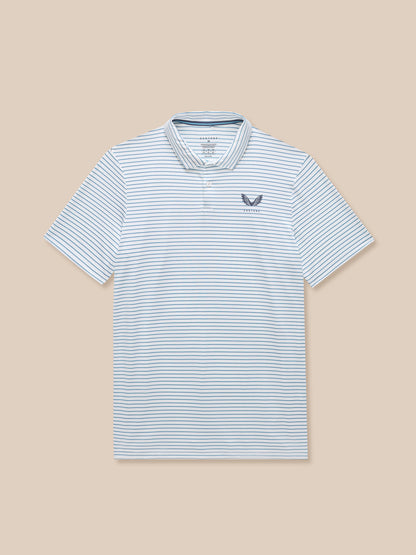 Close up of white yarn dye stripe polo with Castore logo on left chest