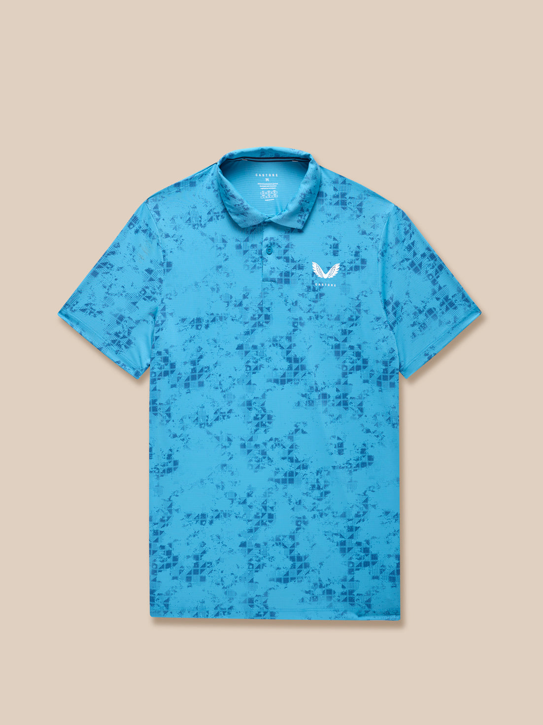 Blue geo print golf polo with white Castore logo on left chest and back branding