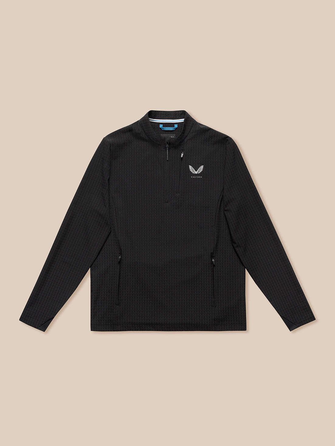 Black Golf 1/2 Zip Top with stand collar water resistant pockets and Castore branding on chest