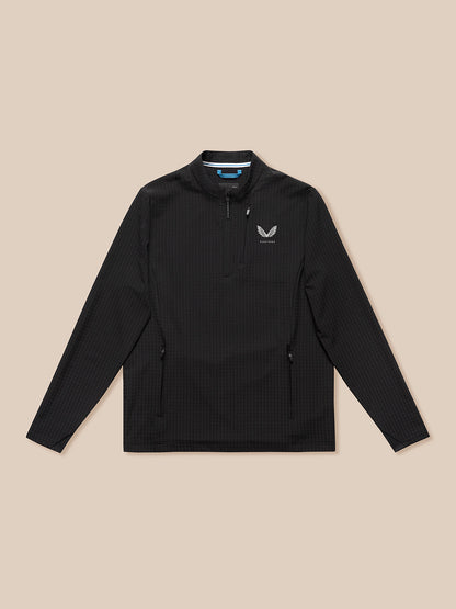 Black Golf 1/2 Zip Top with stand collar water resistant pockets and Castore branding on chest