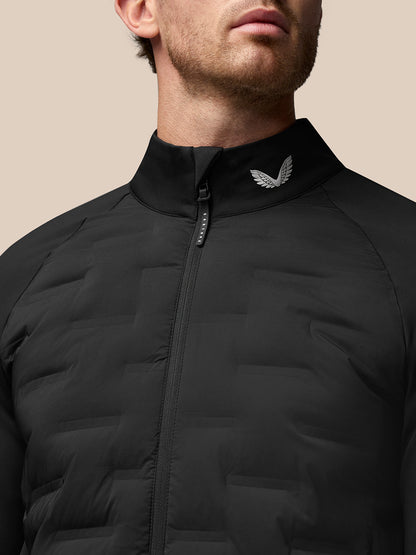 Close up of collar and front zipper on black Golf Pinnacle Jacket with Castore emblem on the collar