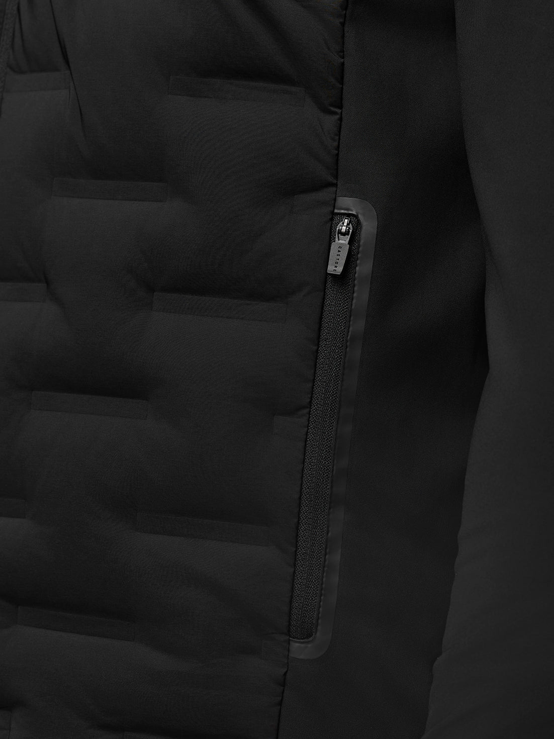 Close up of Golf Pinnacle Jacket front showing full zip and side pocket zippers with auto lock pulls