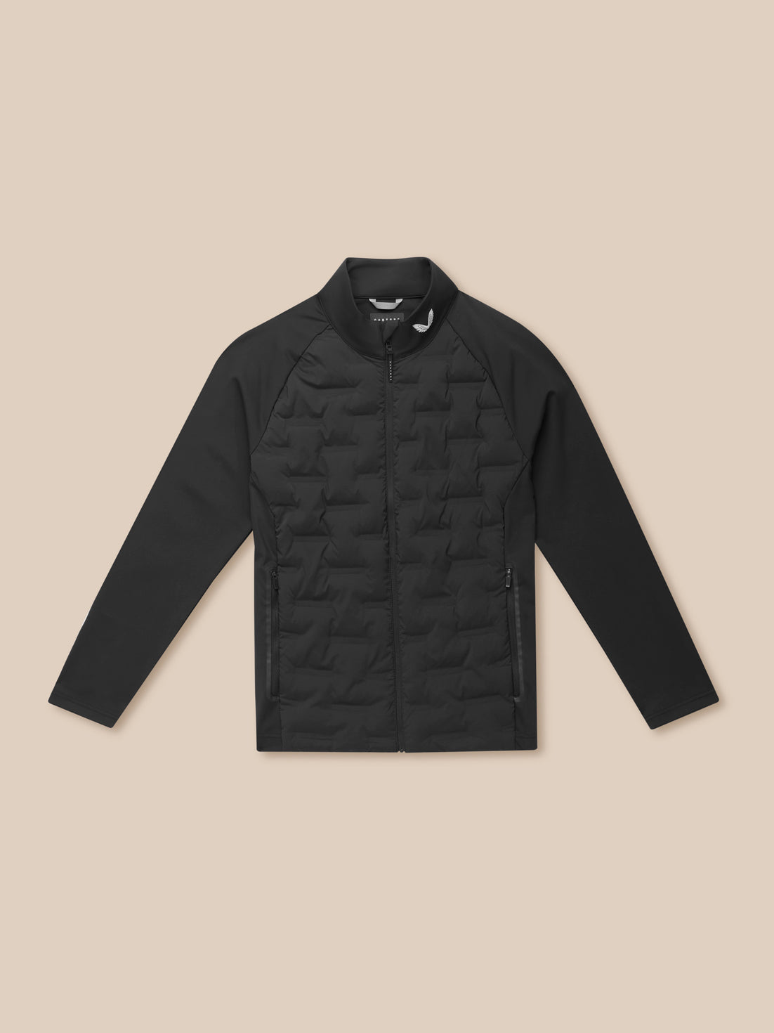 Golf Pinnacle Jacket in black with quilted front panels stand collar and zipped side pockets