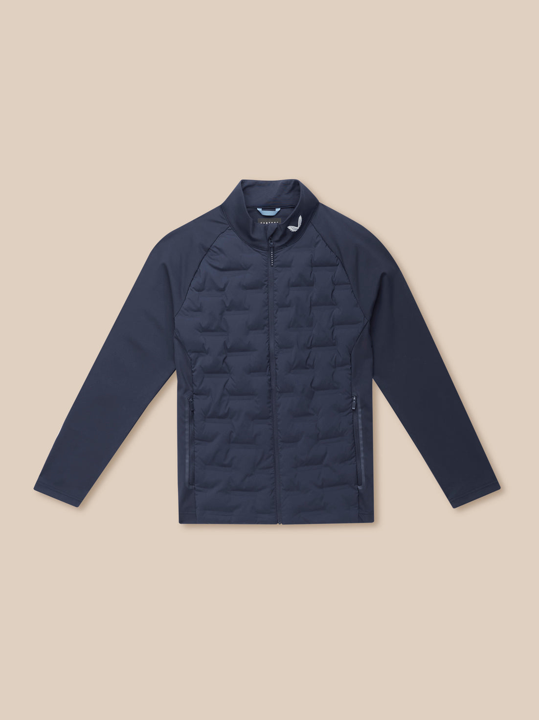Midnight navy Golf Pinnacle Jacket with quilted front panels, stand collar and zipped pockets.
