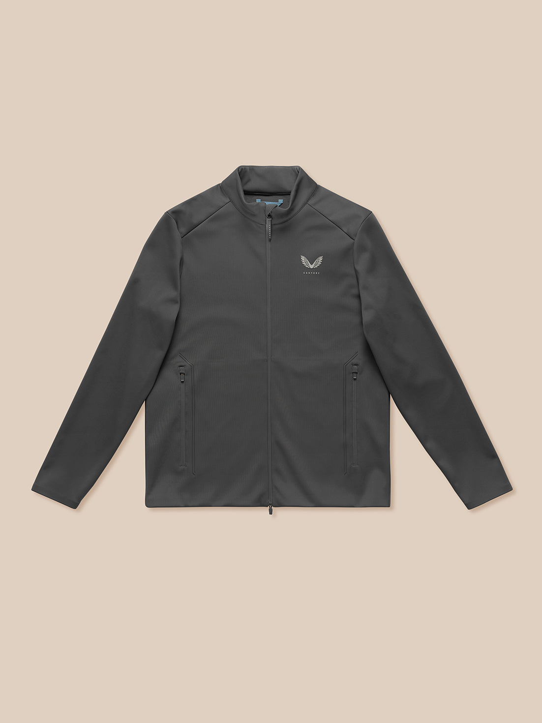 Charcoal Garcia Hybrid Jacket front view laid flat with full zip collar and zip pockets.