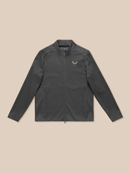 Charcoal Garcia Hybrid Jacket front view laid flat with full zip collar and zip pockets.