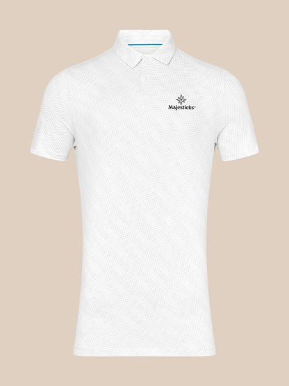 Front view of a white Majesticks polo with golf ball texture and a left chest logo