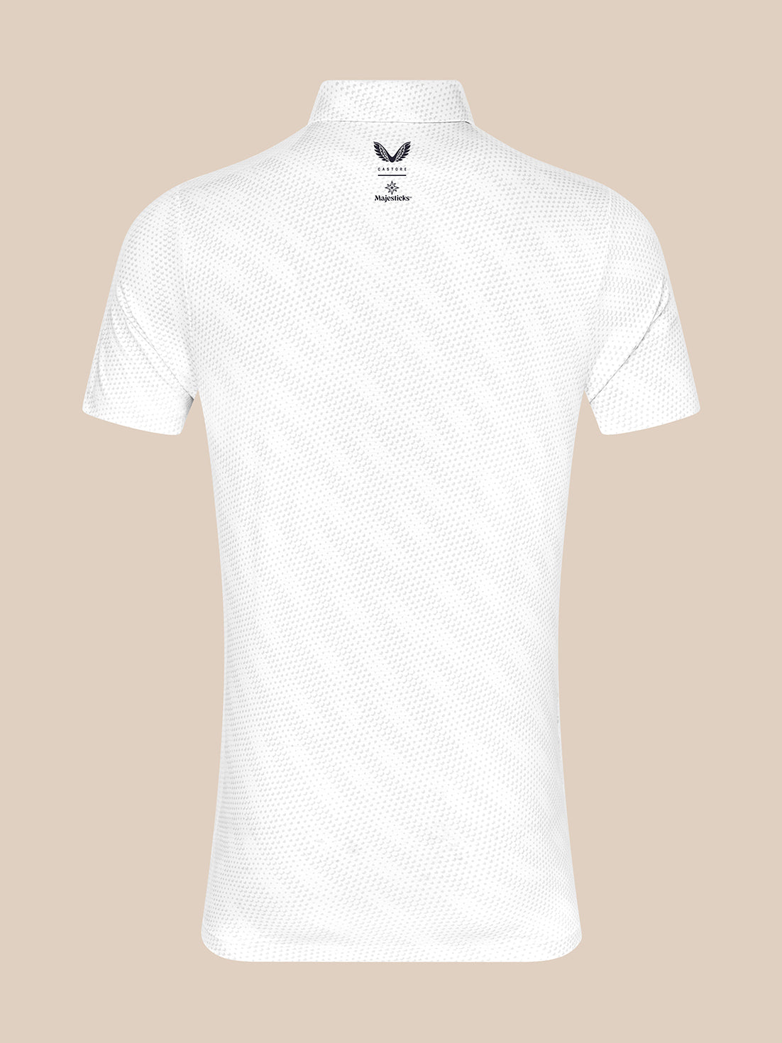 Back view of a white Majesticks polo showing Castore branding near the upper back and Majesticks logo