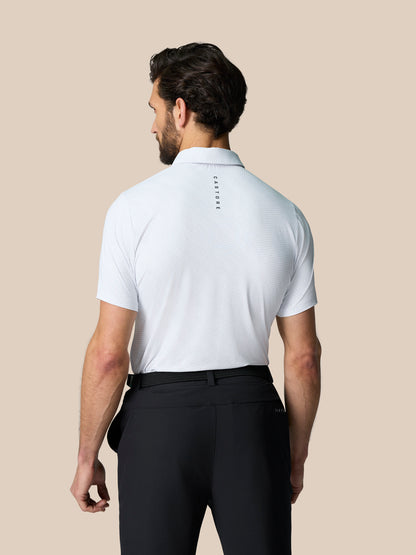 Back view of a white Club Graphic Polo on a male model showing Castore branding along the upper back