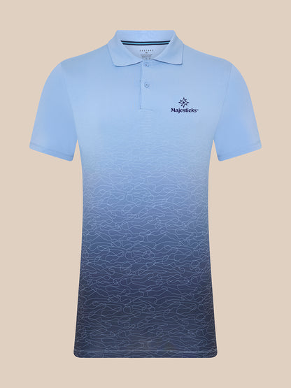 Sky blue Majesticks golf polo with ombre wave print and Castore branding on chest and upper back