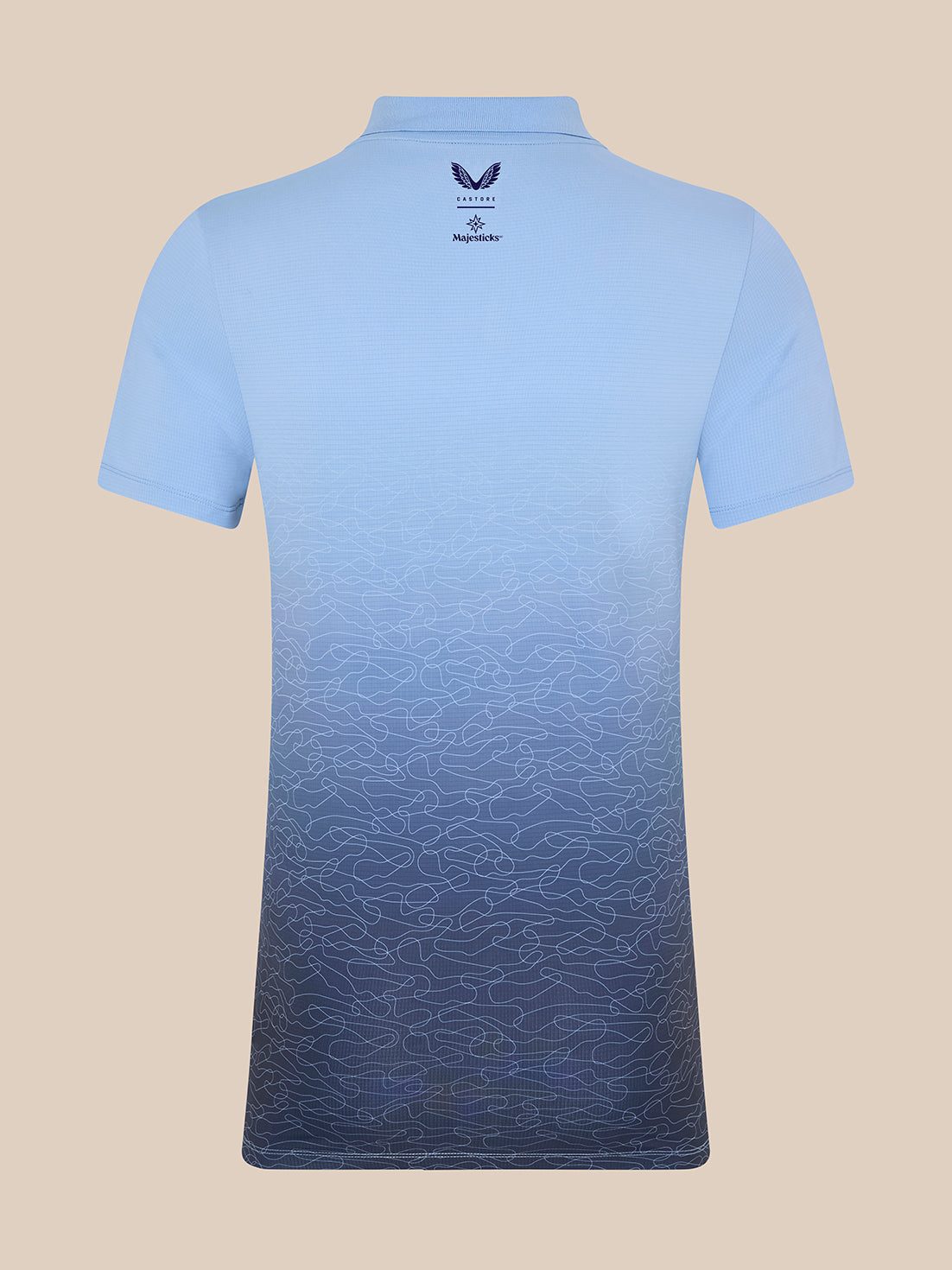 Back view of light blue Majesticks polo with gradient fade and small Castore and Majesticks logos at the upper center