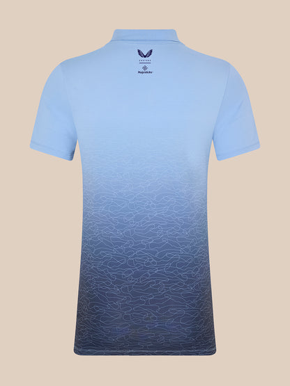 Back view of light blue Majesticks polo with gradient fade and small Castore and Majesticks logos at the upper center