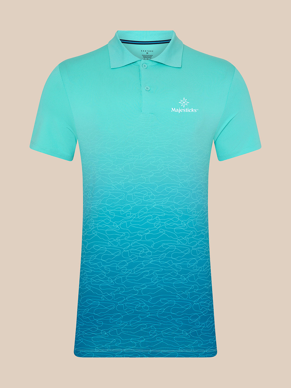 Majesticks golf polo in light aqua with an ombre wave print and a left chest logo