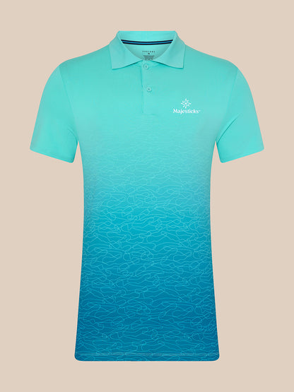 Majesticks golf polo in light aqua with an ombre wave print and a left chest logo
