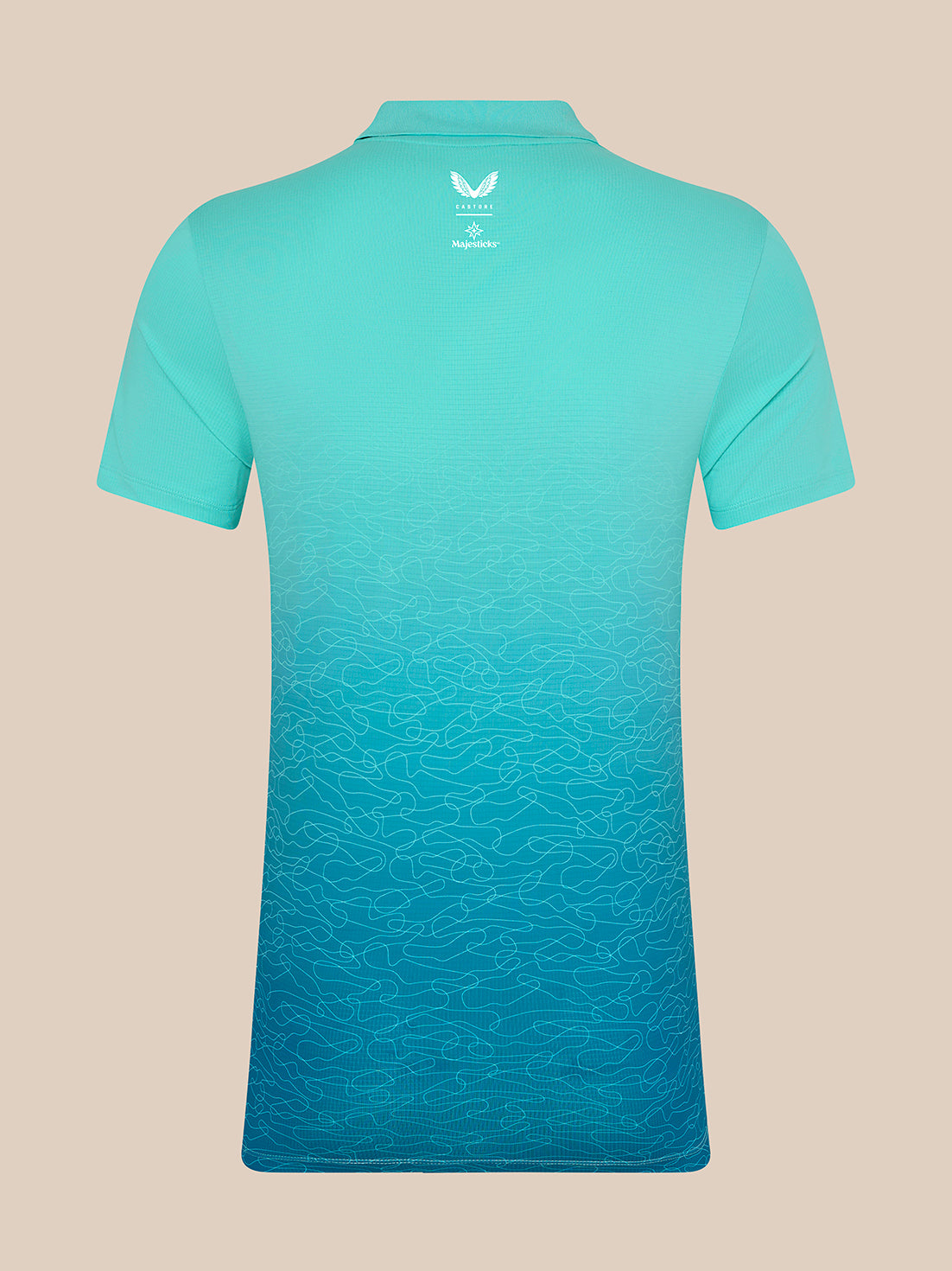 Back view of light aqua Majesticks golf polo showing Castore and Majesticks logos on the upper back